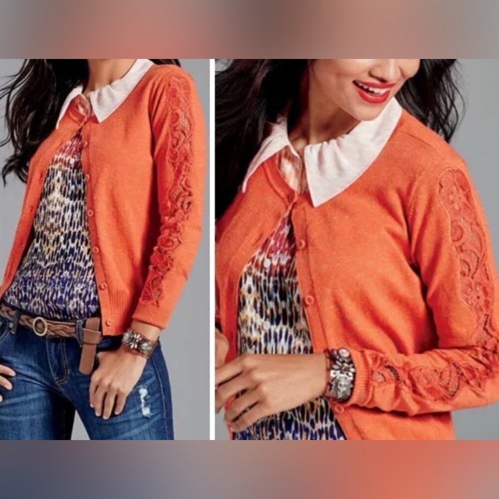 CABI ORANGE LACE CUT OUT SLEEVE CARDIGAN SWEATER STYLE 3123 WOMENS SMALL